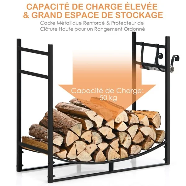 Range Bûche Intérieur avec 2 Crochets Amovible pour Bois de Chauffage 84 x 33 x 76 CM Charge 50 KG Cadre en Fer
