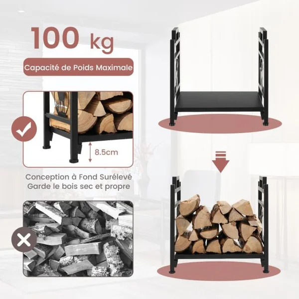 Range Bûche Intérieur, Porte-Bûches Métal Charge 30 kg pour Rangement Bois Intérieur Porte Bûche Cheminée pour Poêle Foyer Motif d'Élan 46 x 33 x 46 cm