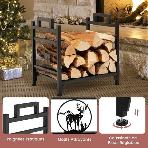 Range Bûche Intérieur, Porte-Bûches Métal Charge 30 kg pour Rangement Bois Intérieur Porte Bûche Cheminée pour Poêle Foyer Motif d'Élan 46 x 33 x 46 cm