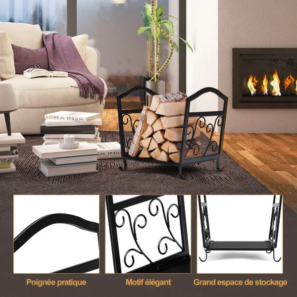 Range Bûche Intérieur Porte-Bûches Métal Charge 60 kg pour Rangement Bois Intérieur Porte Bûche Cheminée 43 x 40 x 32 cm