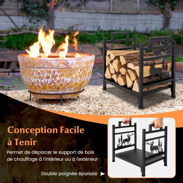 Range Bûche Intérieur Porte-Bûches Métal Charge 60 kg pour Rangement Bois Intérieur Porte Bûche Cheminée pour Poêl Foyer 46 x 34 x 45 cm