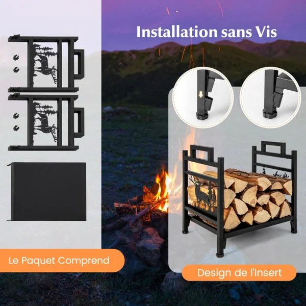Range Bûche Intérieur Porte-Bûches Métal Charge 60 kg pour Rangement Bois Intérieur Porte Bûche Cheminée pour Poêl Foyer 46 x 34 x 45 cm