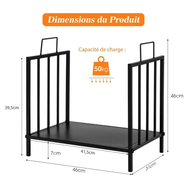 Range Bûches avec Poignée Porte Bûches en Acier pour Intérieur et Extérieur Capacité de Charge de 50 kg 46 x 31 x 46 cm