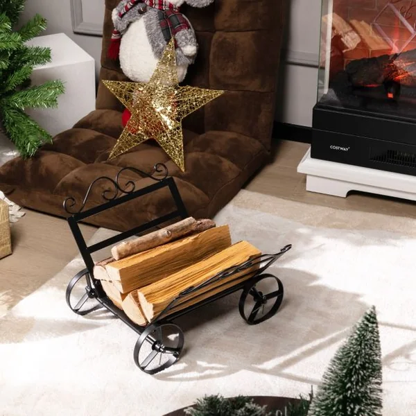 Range Bûches en Métal Serviteur de Cheminée avec 4 Roues pour Intérieur et Extérieur Idéal pour Cheminée Foyer Noir