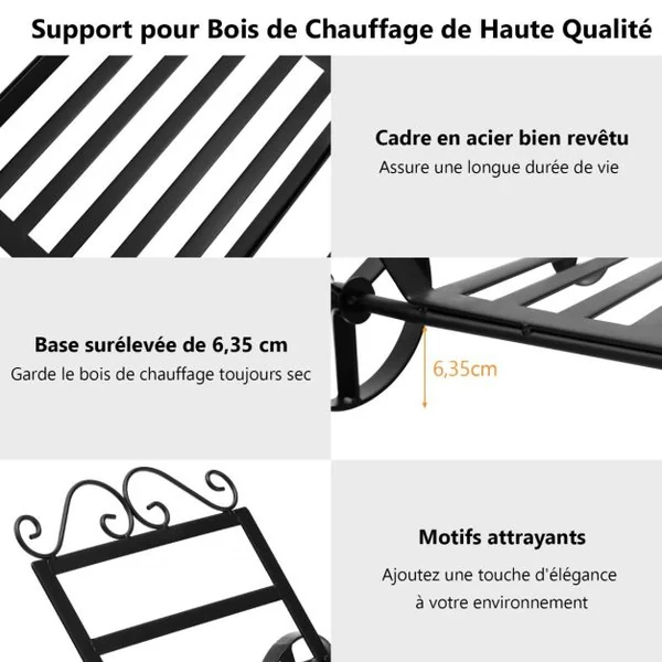 Range Bûches en Métal Serviteur de Cheminée avec 4 Roues pour Intérieur et Extérieur Idéal pour Cheminée Foyer Noir
