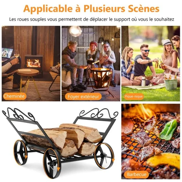Range Bûches en Métal Serviteur de Cheminée avec 4 Roues pour Intérieur et Extérieur Idéal pour Cheminée Foyer Noir