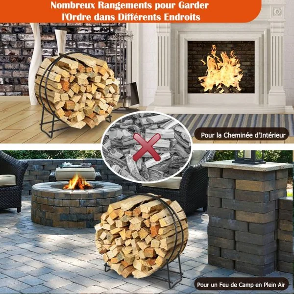 Range-bûches 102 CM Support Tubulaire Métallique Robuste pour Bois de Chauffage Montage Facile Range-bûches pour Patio Noir