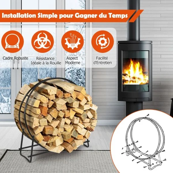 Range-bûches 102 CM Support Tubulaire Métallique Robuste pour Bois de Chauffage Montage Facile Range-bûches pour Patio Noir