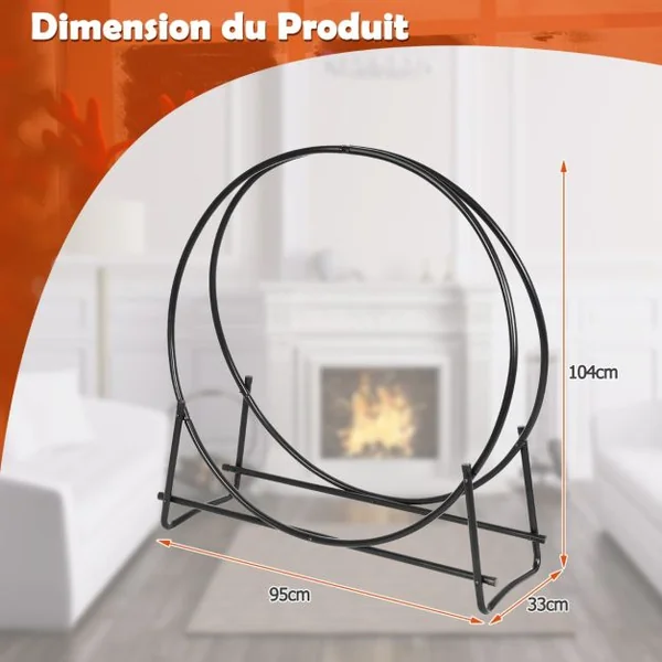 Range-bûches 102 CM Support Tubulaire Métallique Robuste pour Bois de Chauffage Montage Facile Range-bûches pour Patio Noir