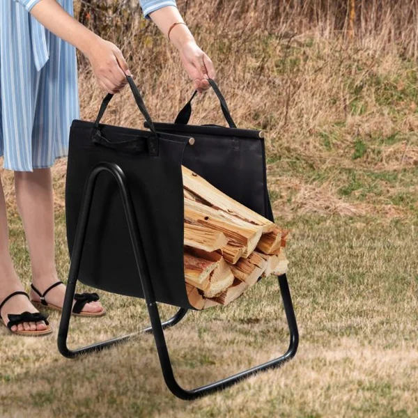 Range-bûches Extérieur avec Support en Toile pour Bois de Cheminée en Métal 46,5 x 43 x 52cm avec Poignées Base Triangulaire