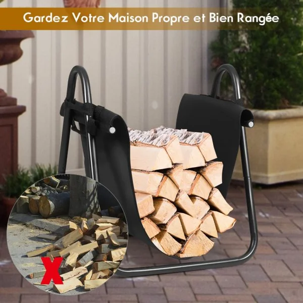 Range-bûches Extérieur avec Support en Toile pour Bois de Cheminée en Métal 46,5 x 43 x 52cm avec Poignées Base Triangulaire