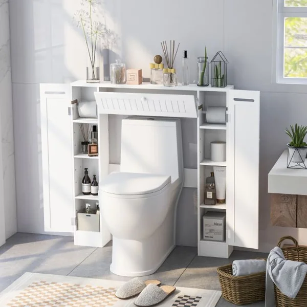 Rangement Au-dessus des Toilettes Organisateur de Salle de Bain Autoportant Étagères Réglables Porte-papier Blanc