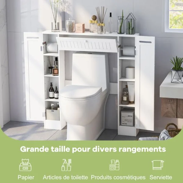 Rangement Au-dessus des Toilettes Organisateur de Salle de Bain Autoportant Étagères Réglables Porte-papier Blanc