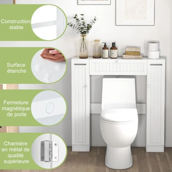 Rangement Au-dessus des Toilettes Organisateur de Salle de Bain Autoportant Étagères Réglables Porte-papier Blanc