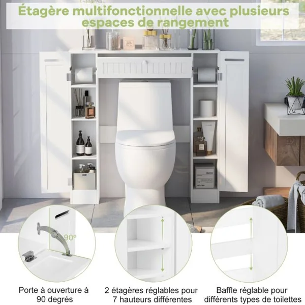 Rangement Au-dessus des Toilettes Organisateur de Salle de Bain Autoportant Étagères Réglables Porte-papier Blanc