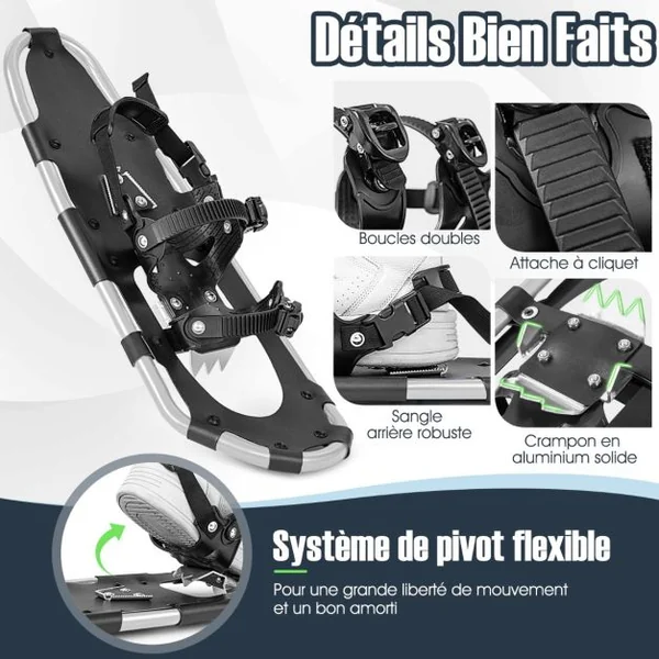 Raquettes à Neige 63Cm en Aluminium avec Système de Pivot Flexible Fixation à Double Cliquet Bâtons Réglables Pour Poids de 30-130 kg Bleu