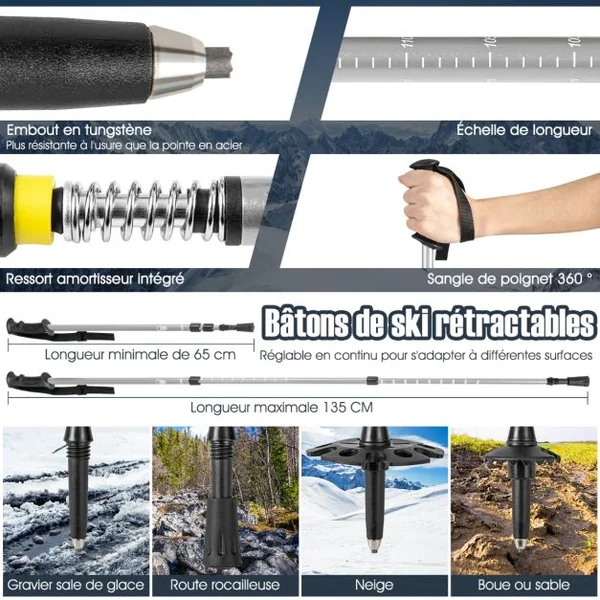 Raquettes à Neige 63Cm en Aluminium avec Système de Pivot Flexible Fixation à Double Cliquet Bâtons Réglables Pour Poids de 30-130 kg Bleu