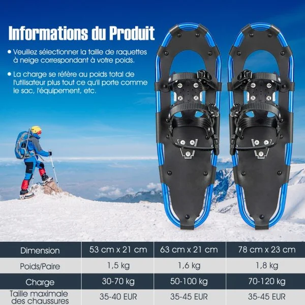 Raquettes à Neige 63Cm en Aluminium avec Système de Pivot Flexible Fixation à Double Cliquet Bâtons Réglables Pour Poids de 30-130 kg Bleu