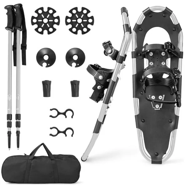 Raquettes à Neige Légères 78 Cm en Aluminium avec Système de Pivot Flexible Fixation à Double Cliquet Bâtons Sac de Transport Argent