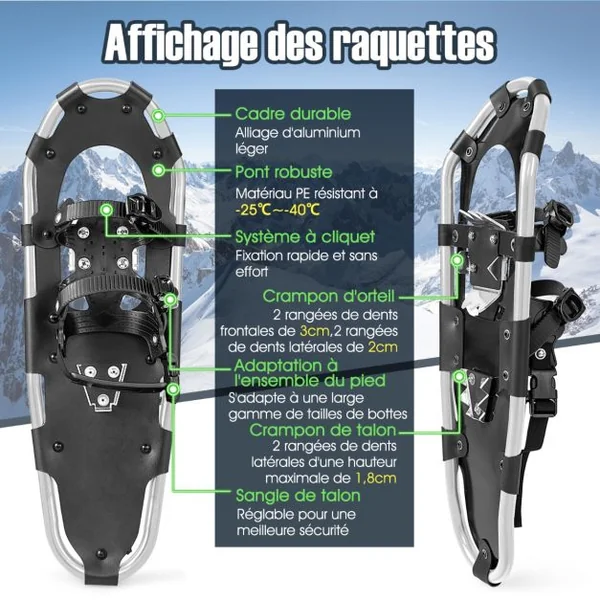 Raquettes à Neige Légères 78 Cm en Aluminium avec Système de Pivot Flexible Fixation à Double Cliquet Bâtons Sac de Transport Argent