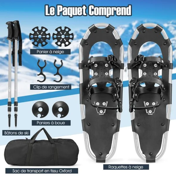 Raquettes à Neige Légères 78 Cm en Aluminium avec Système de Pivot Flexible Fixation à Double Cliquet Bâtons Sac de Transport Argent