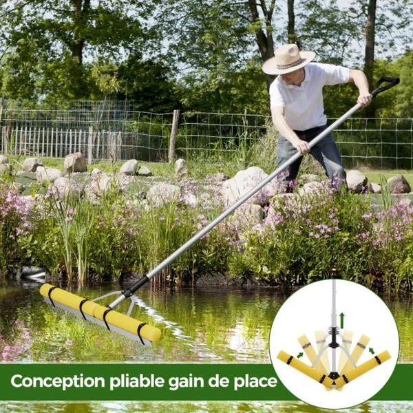 Rateau Flottant pour Élimination des Algues avec Longueur de Corde 600 cm Rateau Pliable en Aluminium avec 36 Dents 230 x 92 cm Adapté aux Terrestres/Aquatiques