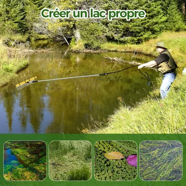 Rateau Flottant pour Élimination des Algues avec Longueur de Corde 600 cm Rateau Pliable en Aluminium avec 36 Dents 230 x 92 cm Adapté aux Terrestres/Aquatiques