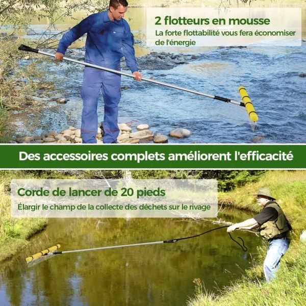 Rateau Flottant pour Élimination des Algues avec Longueur de Corde 600 cm Rateau Pliable en Aluminium avec 36 Dents 230 x 92 cm Adapté aux Terrestres/Aquatiques