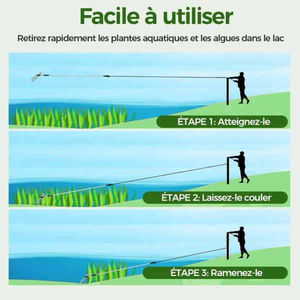 Rateau Flottant pour Élimination des Algues avec Longueur de Corde 600 cm Rateau Pliable en Aluminium avec 36 Dents 230 x 92 cm Adapté aux Terrestres/Aquatiques
