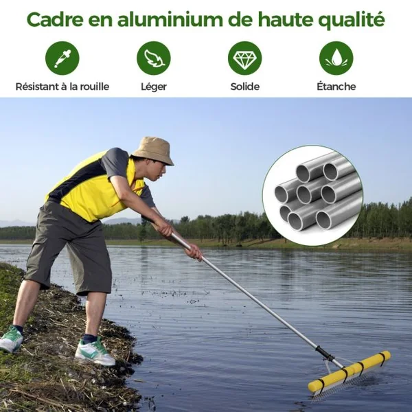 Rateau Flottant pour Élimination des Algues avec Longueur de Corde 600 cm Rateau Pliable en Aluminium avec 36 Dents 230 x 92 cm Adapté aux Terrestres/Aquatiques