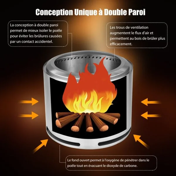 Rechaud Bois Poêle sans Emission de Fumée en Acier Inoxydable 304 Design à Double Paroi ⌀ 47 cm Housse Imperméable en PVC