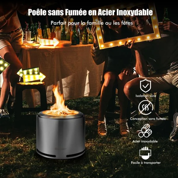 Rechaud Bois Poêle sans Emission de Fumée en Acier Inoxydable 304 Design à Double Paroi ⌀ 47 cm Housse Imperméable en PVC
