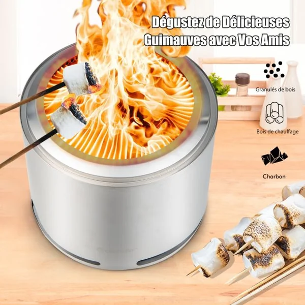 Rechaud Bois Poêle sans Emission de Fumée en Acier Inoxydable 304 Design à Double Paroi ⌀ 47 cm Housse Imperméable en PVC