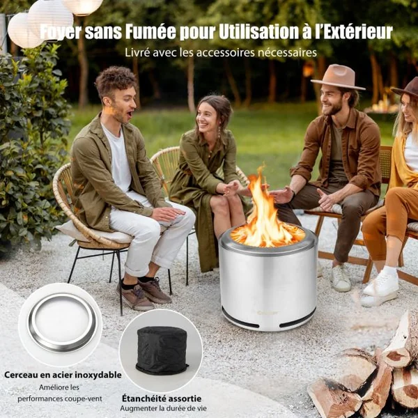 Rechaud Bois Poêle sans Emission de Fumée en Acier Inoxydable 304 Design à Double Paroi ⌀ 47 cm Housse Imperméable en PVC