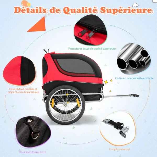 Remorque de Vélo pour Animaux de Compagnie jusqu'à 40 KG avec Roues de 50 cm et Toit Ouvrant pour Chiens/Chats Bleu/Rouge/Gris