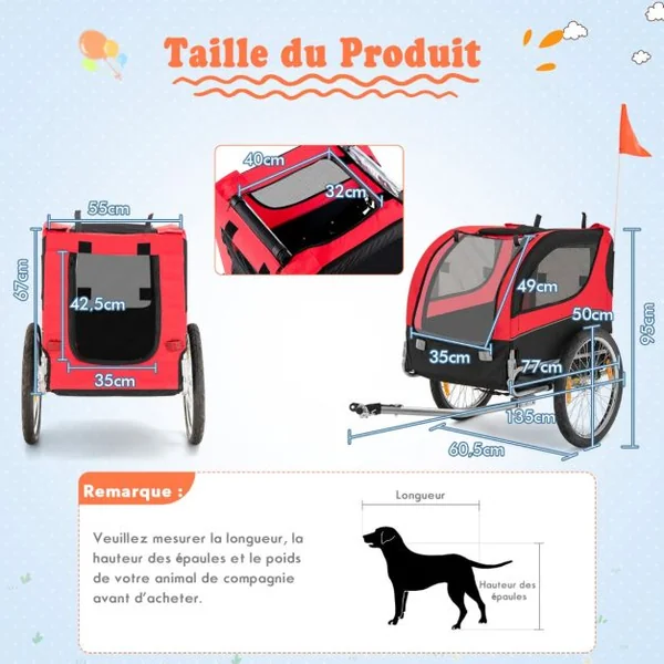 Remorque de Vélo pour Animaux de Compagnie jusqu'à 40 KG avec Roues de 50 cm et Toit Ouvrant pour Chiens/Chats Bleu/Rouge/Gris