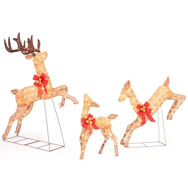 Renne de Noël Lumineux 3 Pièces Ensemble de Famille de Renne de Vacances avec 255 Lumières Blanches Chaudes Piquets