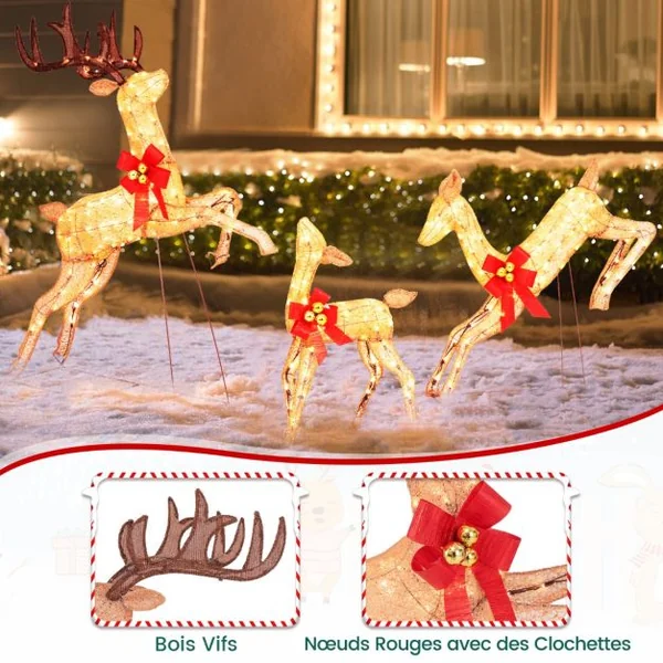 Renne de Noël Lumineux 3 Pièces Ensemble de Famille de Renne de Vacances avec 255 Lumières Blanches Chaudes Piquets