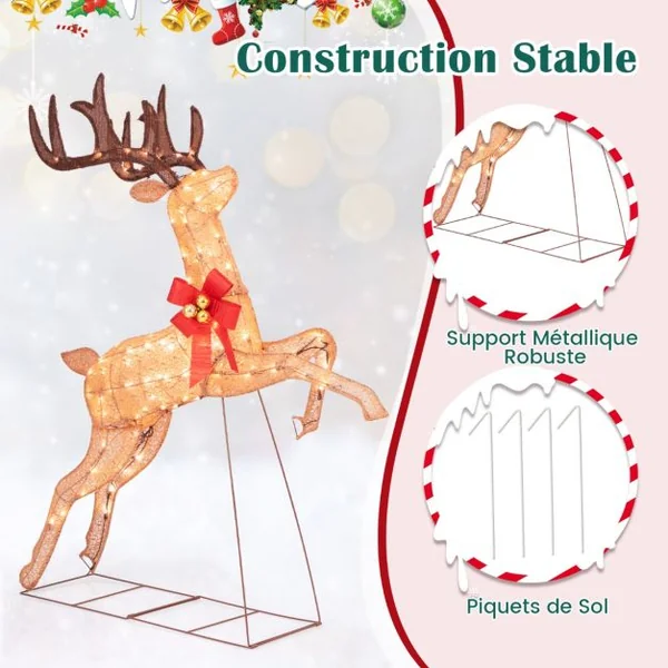 Renne de Noël Lumineux 3 Pièces Ensemble de Famille de Renne de Vacances avec 255 Lumières Blanches Chaudes Piquets