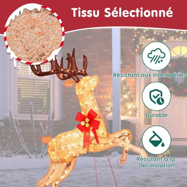 Renne de Noël Lumineux 3 Pièces Ensemble de Famille de Renne de Vacances avec 255 Lumières Blanches Chaudes Piquets