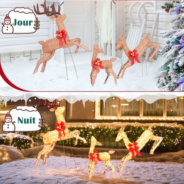 Renne de Noël Lumineux 3 Pièces Ensemble de Famille de Renne de Vacances avec 255 Lumières Blanches Chaudes Piquets