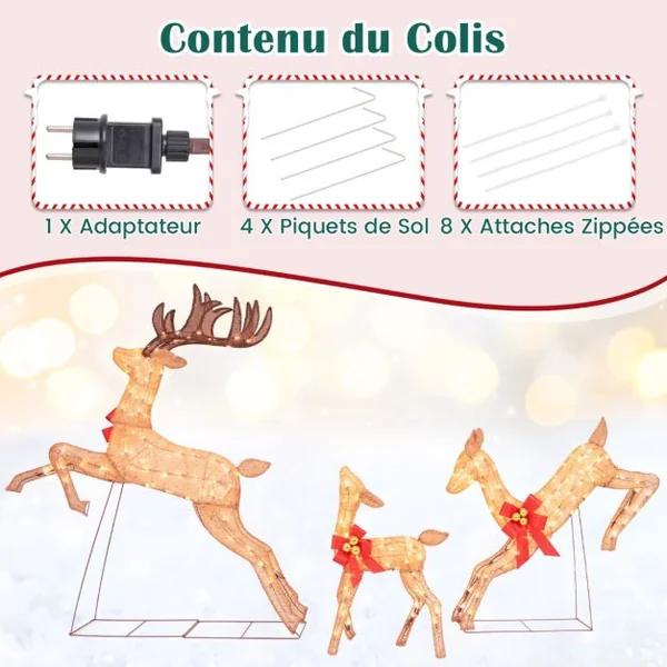 Renne de Noël Lumineux 3 Pièces Ensemble de Famille de Renne de Vacances avec 255 Lumières Blanches Chaudes Piquets