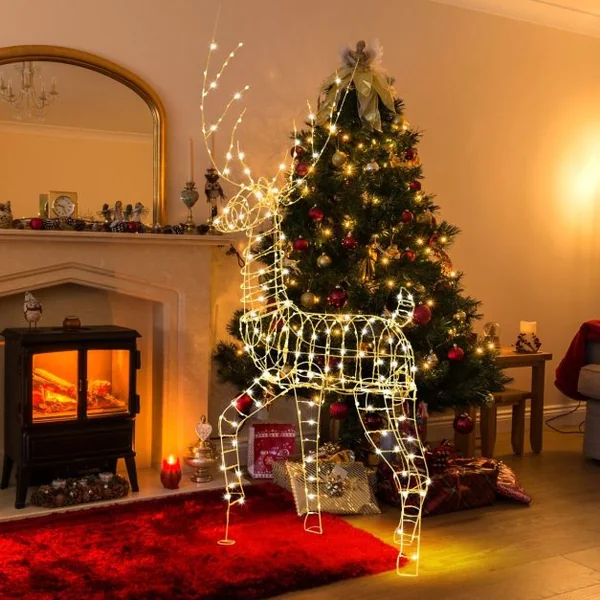 Renne de Noël Pré-éclairé en 3D 186 cm Décoration de Noël avec 300 Lumières LED Blanc Chaud Cerf Mâle Debout Eclairé Extérieur/Intérieur