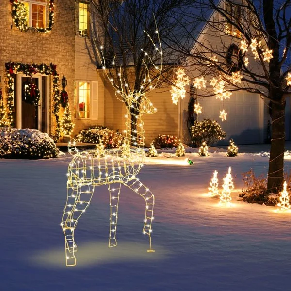 Renne de Noël Pré-éclairé en 3D 186 cm Décoration de Noël avec 300 Lumières LED Blanc Chaud Cerf Mâle Debout Eclairé Extérieur/Intérieur
