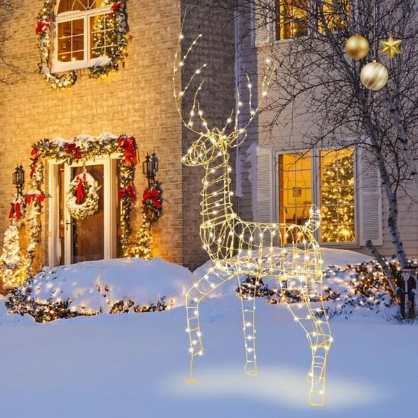 Renne de Noël Pré-éclairé en 3D 186 cm Décoration de Noël avec 300 Lumières LED Blanc Chaud Cerf Mâle Debout Eclairé Extérieur/Intérieur