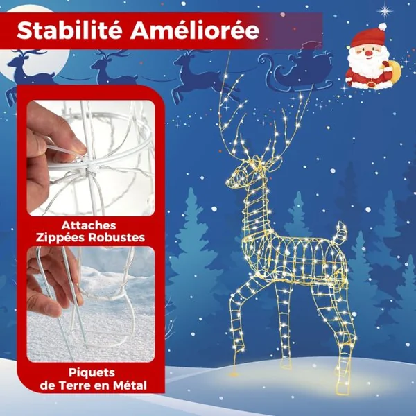 Renne de Noël Pré-éclairé en 3D 186 cm Décoration de Noël avec 300 Lumières LED Blanc Chaud Cerf Mâle Debout Eclairé Extérieur/Intérieur