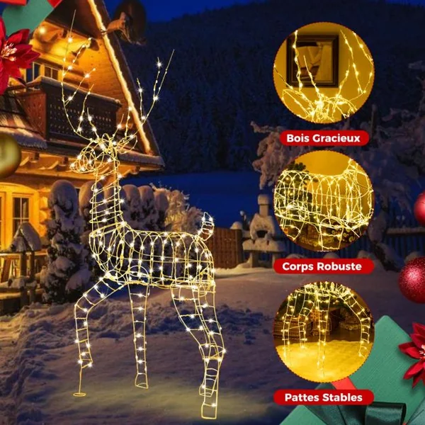 Renne de Noël Pré-éclairé en 3D 186 cm Décoration de Noël avec 300 Lumières LED Blanc Chaud Cerf Mâle Debout Eclairé Extérieur/Intérieur