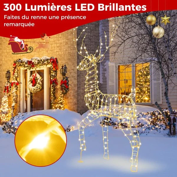 Renne de Noël Pré-éclairé en 3D 186 cm Décoration de Noël avec 300 Lumières LED Blanc Chaud Cerf Mâle Debout Eclairé Extérieur/Intérieur