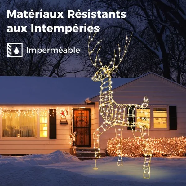 Renne de Noël Pré-éclairé en 3D 186 cm Décoration de Noël avec 300 Lumières LED Blanc Chaud Cerf Mâle Debout Eclairé Extérieur/Intérieur