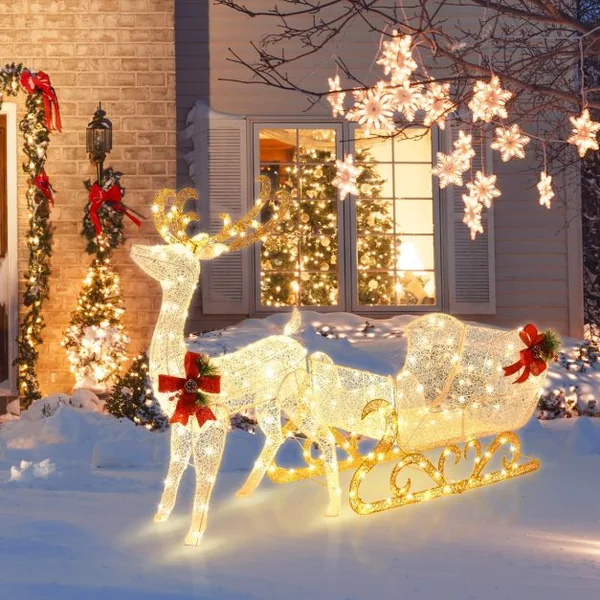 Renne et Traîneau de Noël Pré-éclairés avec 215 Ampoules Blanc Chaud Piquets de Sol et Attaches Zippées Inclus Décoration de Noël
